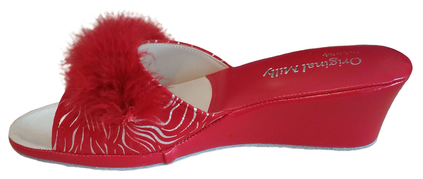 102 Camoscio Zebrato Rosso con piuma suola Bufalo Ciabatte da camera Donna Original Milly Made in Italy