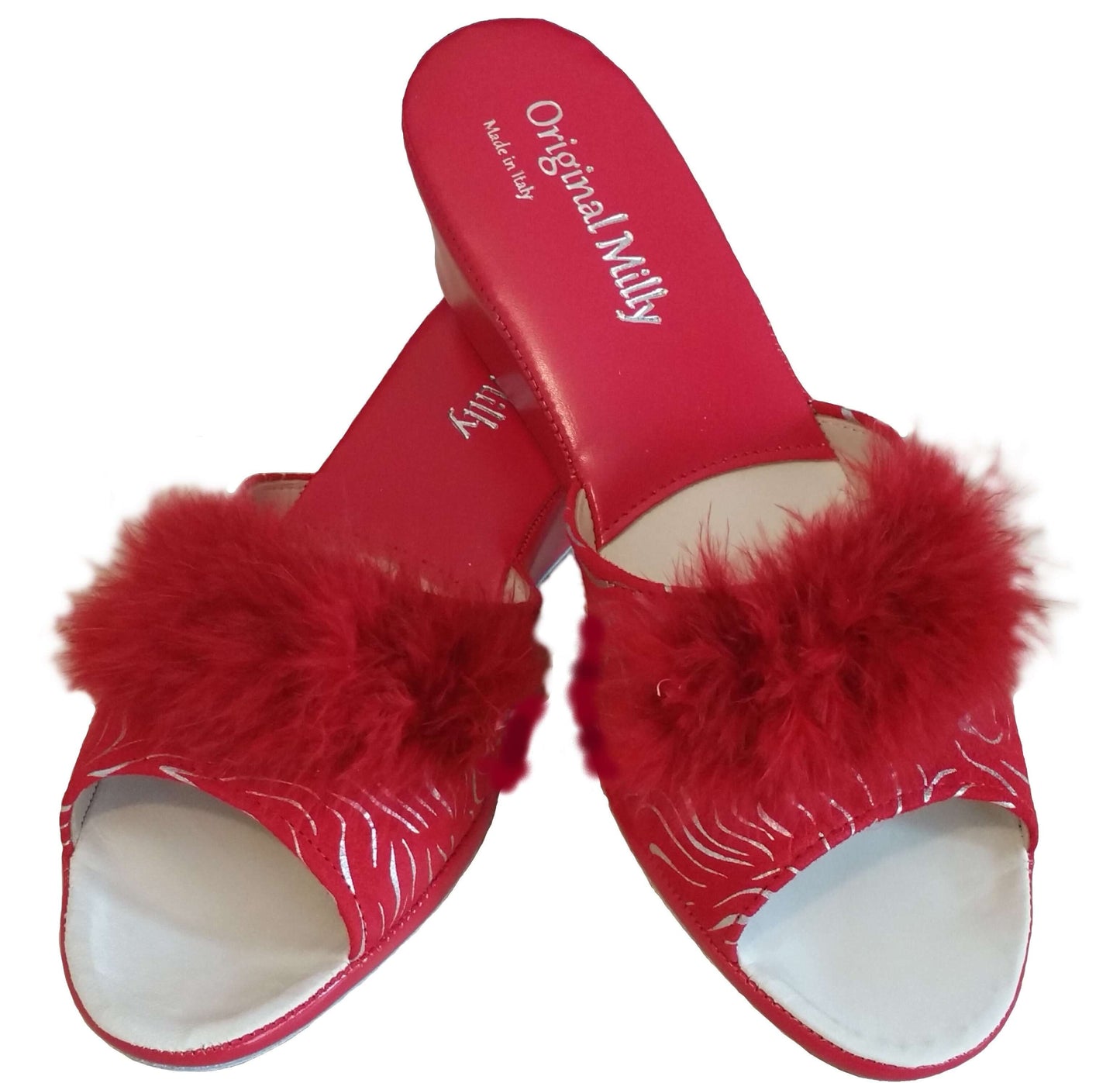 102 Camoscio Zebrato Rosso con piuma suola Bufalo Ciabatte da camera Donna Original Milly Made in Italy