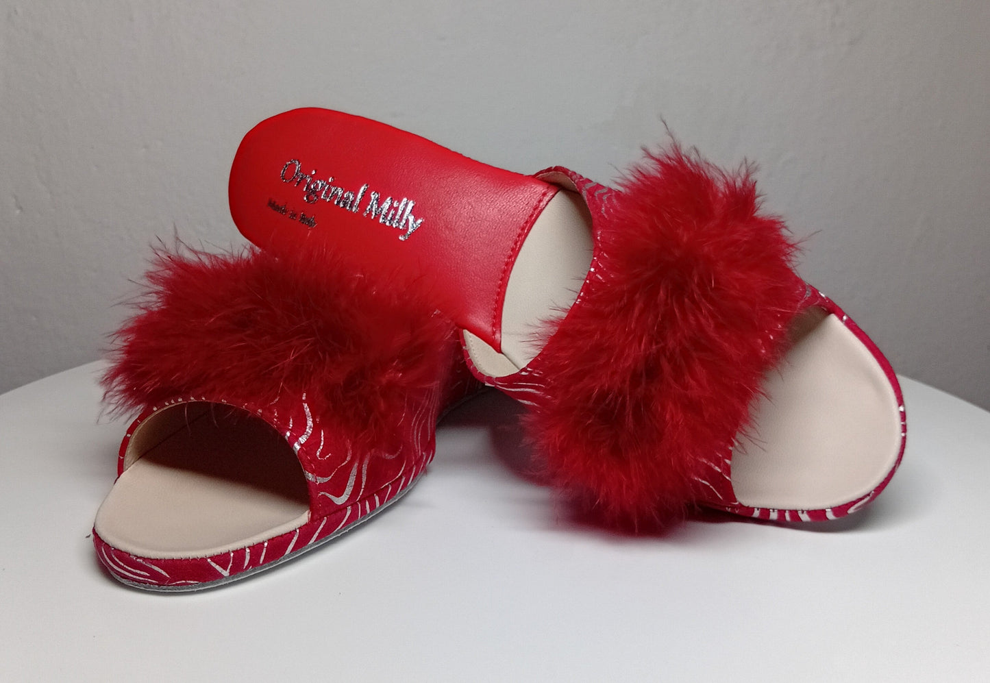 102 Camoscio Zebrato Rosso con piuma suola Bufalo Ciabatte da camera Donna Original Milly Made in Italy - Foto N 6