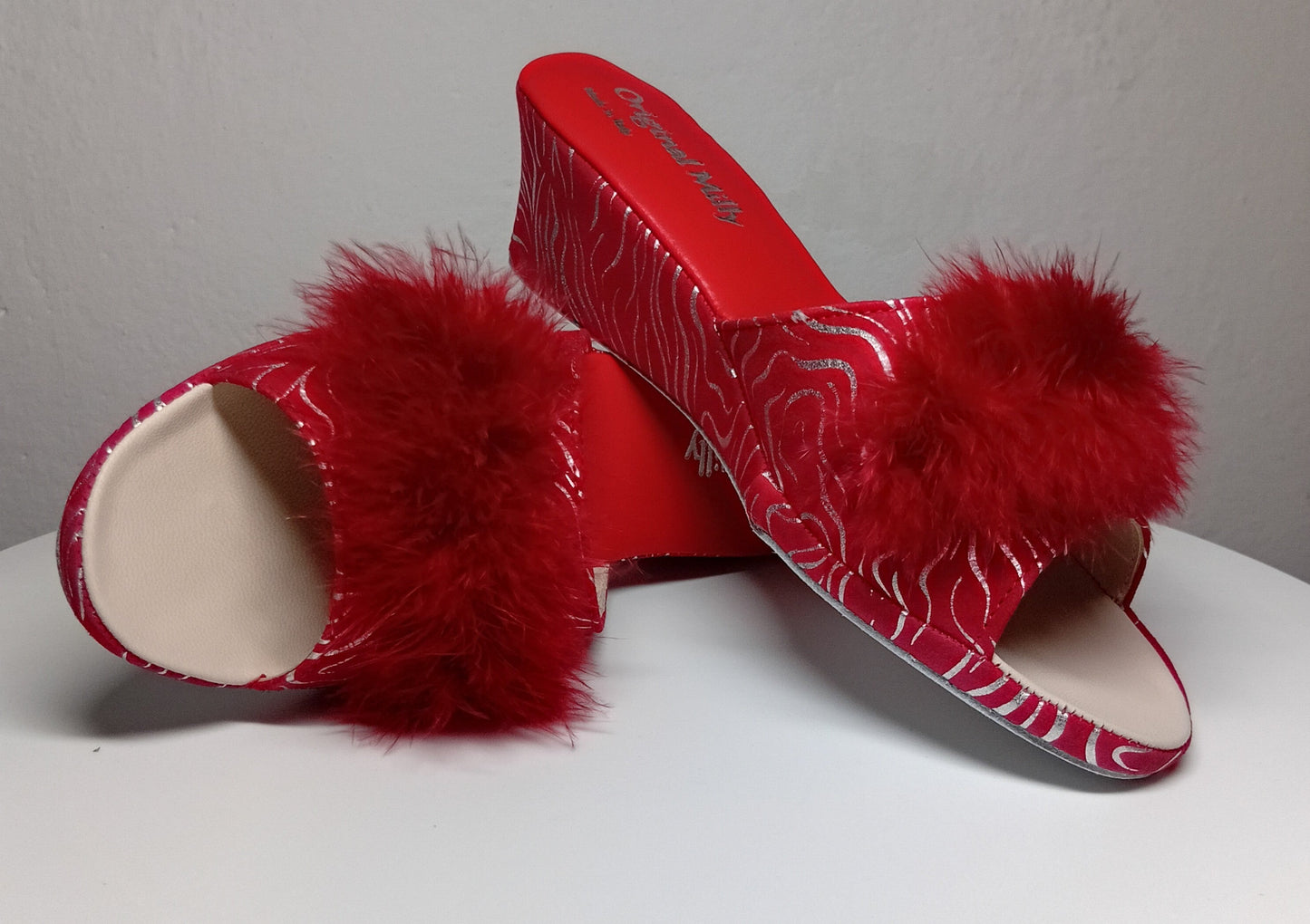 102 Camoscio Zebrato Rosso con piuma suola Bufalo Ciabatte da camera Donna Original Milly Made in Italy - Foto N 7