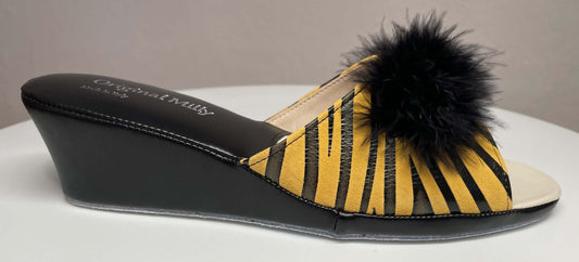 102 Camoscio Zebrato Senape con piuma suola Bufalo Ciabatte da camera Donna Original Milly Made in Italy