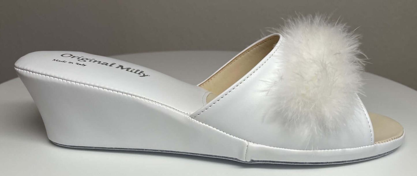 102 Ecopelle Bianco con piuma suola Bufalo Ciabatte da camera Donna Original Milly Made in Italy