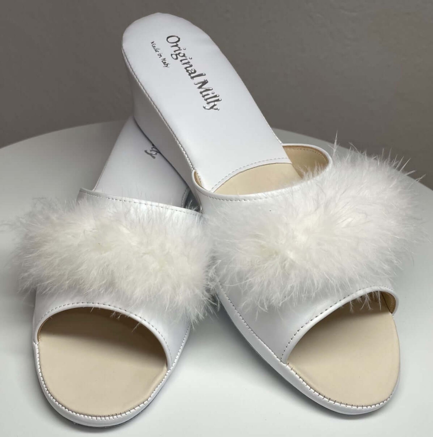 102 Ecopelle Bianco con piuma suola Bufalo Ciabatte da camera Donna Original Milly Made in Italy