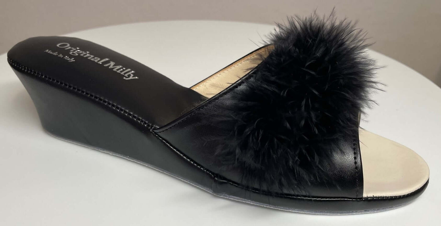 102 Ecopelle Nero con piuma suola Bufalo Ciabatte da camera Donna Original Milly Made in Italy