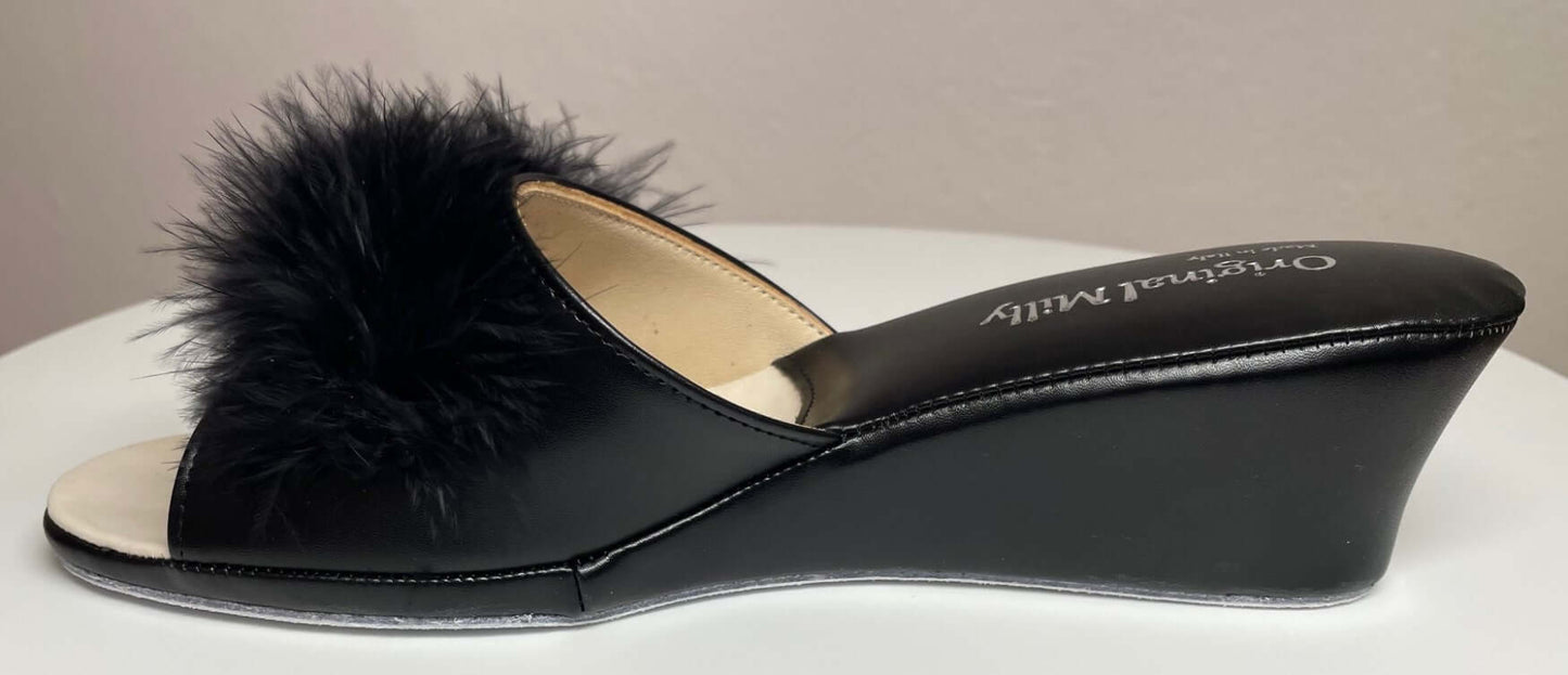 102 Ecopelle Nero con piuma suola Bufalo Ciabatte da camera Donna Original Milly Made in Italy