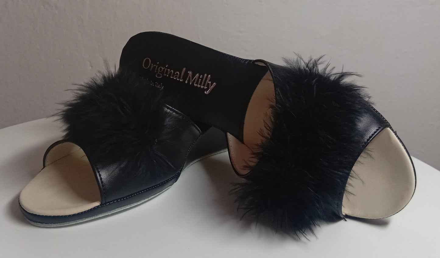 102 Ecopelle Nero con piuma suola Bufalo Ciabatte da camera Donna Original Milly Made in Italy