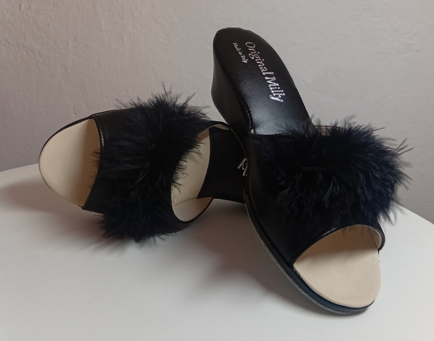 102 Ecopelle Nero con piuma suola Bufalo Ciabatte da camera Donna Original Milly Made in Italy