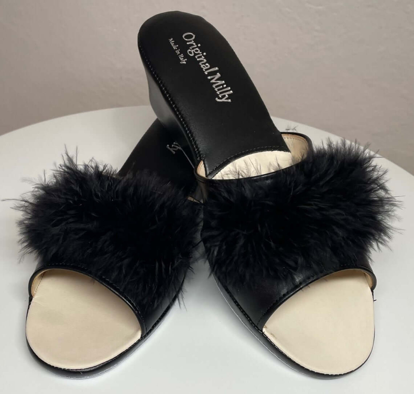 102 Ecopelle Nero con piuma suola Bufalo Ciabatte da camera Donna Original Milly Made in Italy