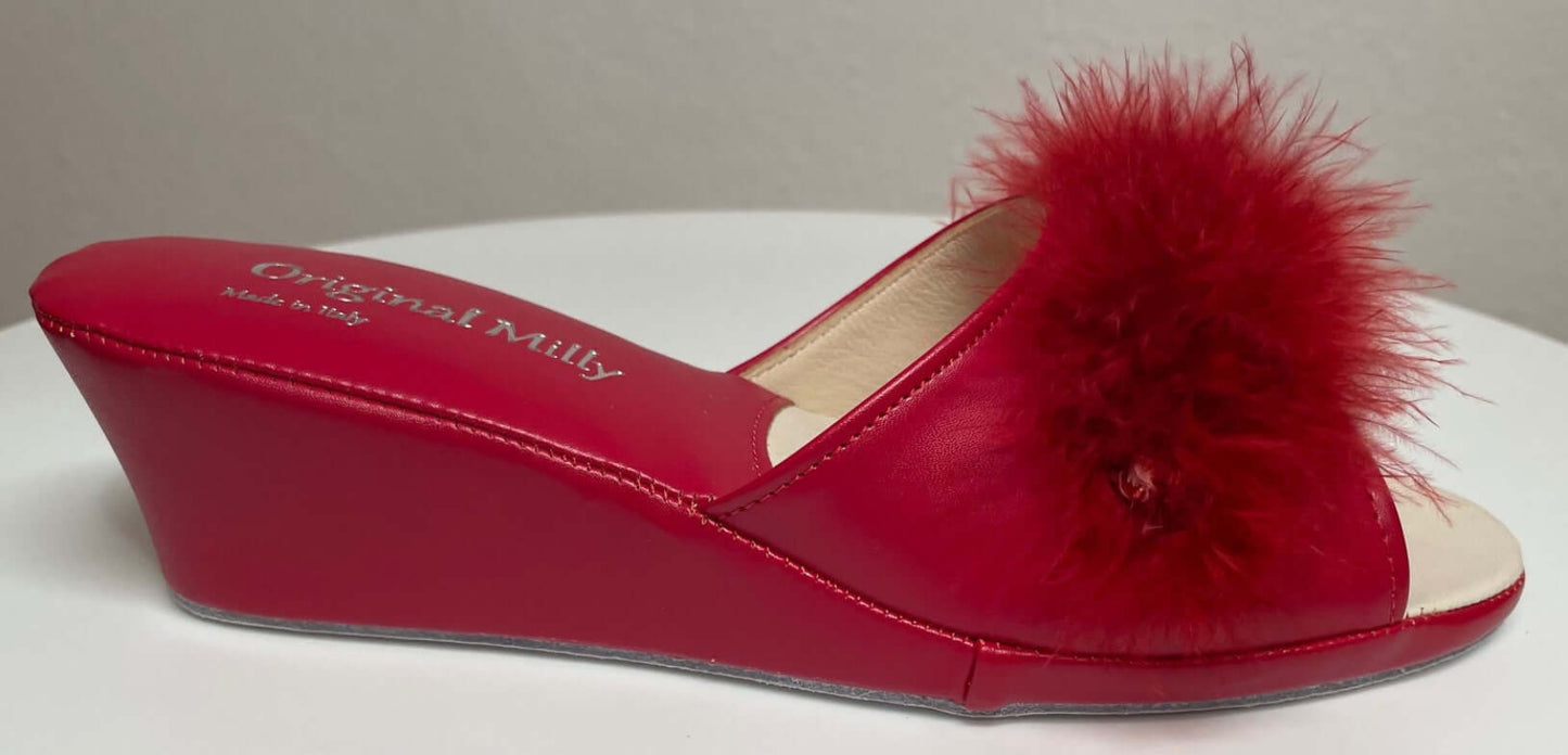 102 Ecopelle Rosso con piuma suola Bufalo Ciabatte da camera Donna Original Milly Made in Italy