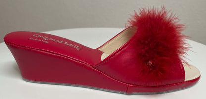 102 Ecopelle Rosso con piuma suola Bufalo Ciabatte da camera Donna Original Milly Made in Italy - Foto N 1