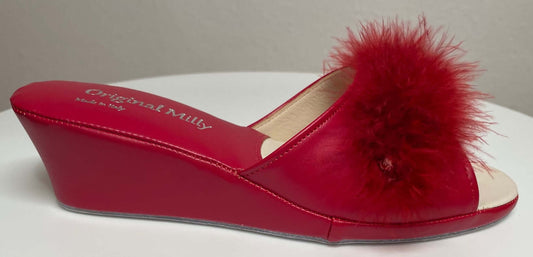 102 Ecopelle Rosso con piuma suola Bufalo Ciabatte da camera Donna Original Milly Made in Italy