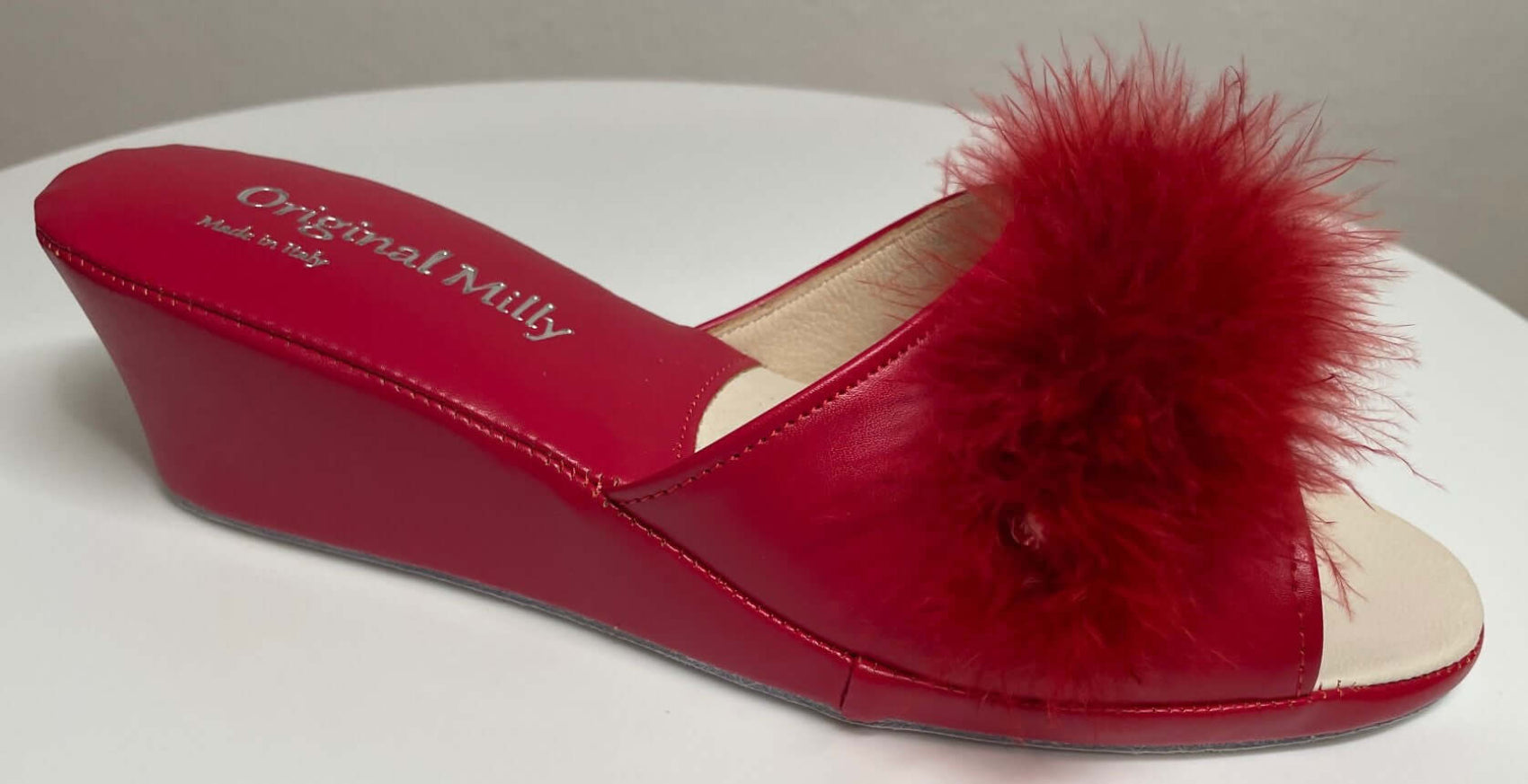 102 Ecopelle Rosso con piuma suola Bufalo Ciabatte da camera Donna Original Milly Made in Italy - Foto N 2