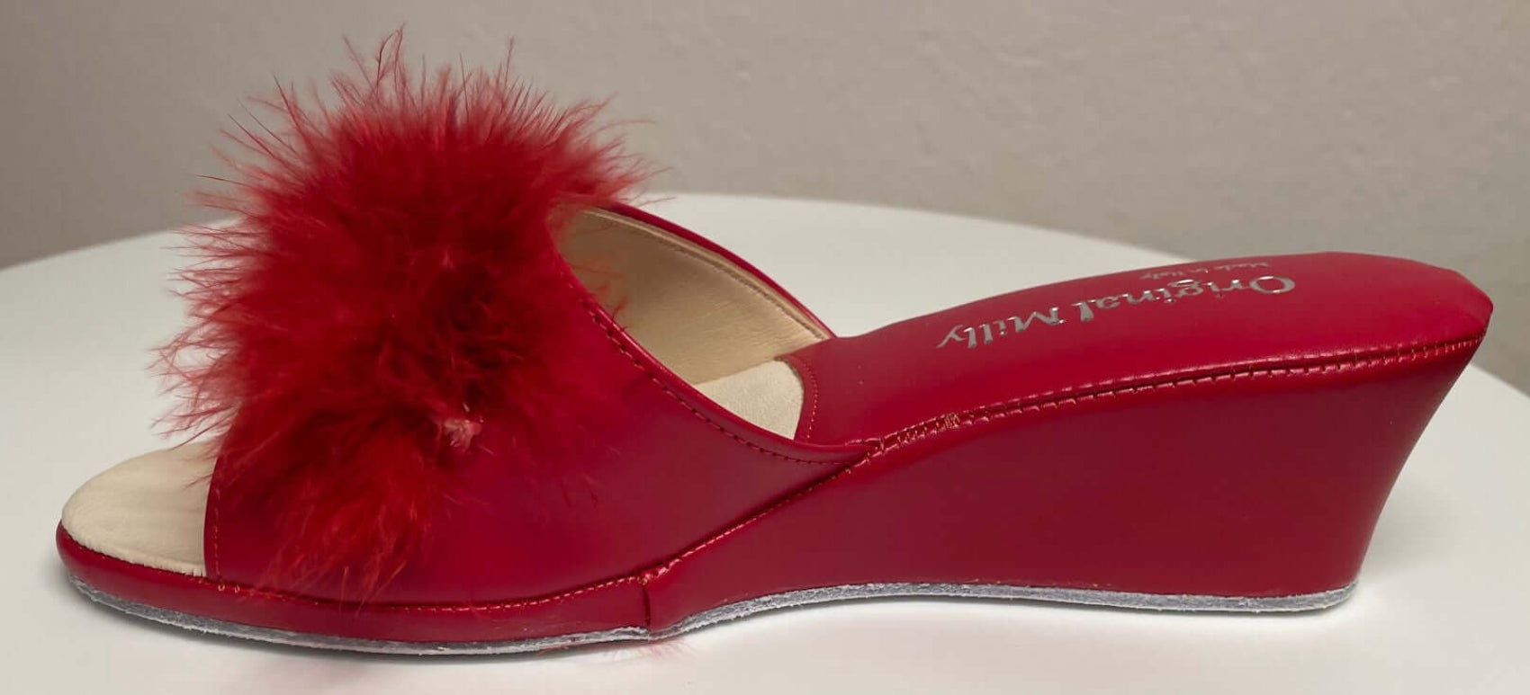 102 Ecopelle Rosso con piuma suola Bufalo Ciabatte da camera Donna Original Milly Made in Italy