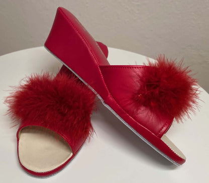 102 Ecopelle Rosso con piuma suola Bufalo Ciabatte da camera Donna Original Milly Made in Italy - Foto N 4