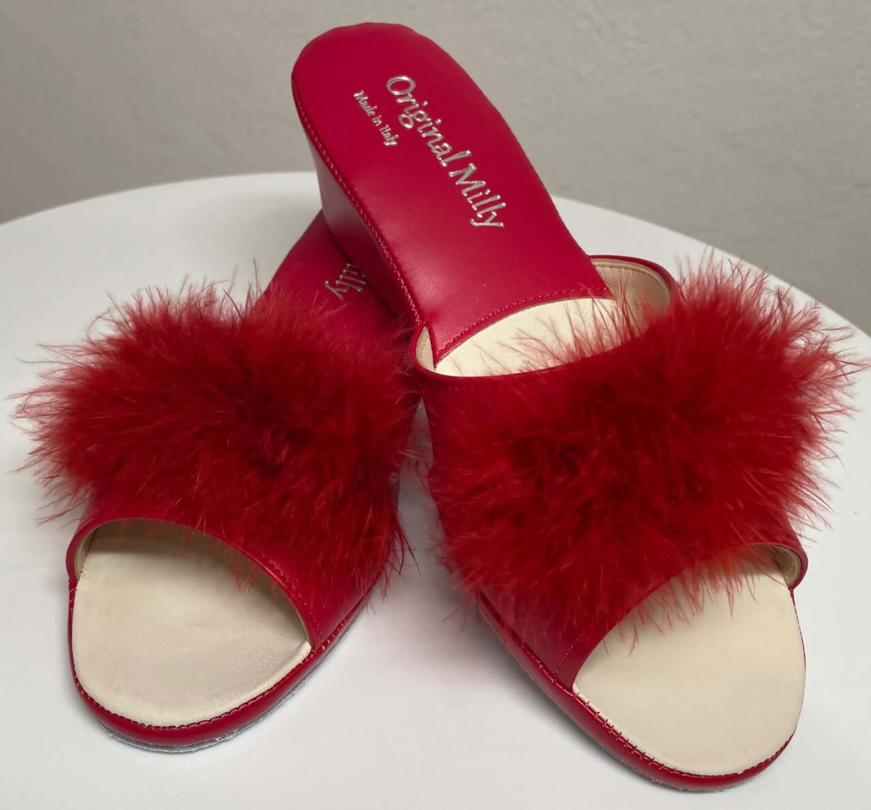 102 Ecopelle Rosso con piuma suola Bufalo Ciabatte da camera Donna Original Milly Made in Italy