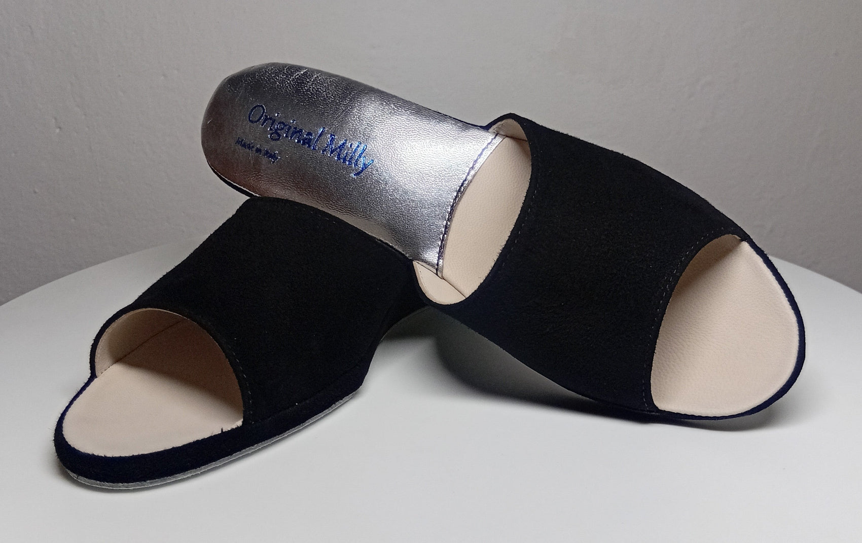 103 Camoscio Nero Suola Bufalo Ciabatte da camera Donna Original Milly Made in Italy - Foto N 6