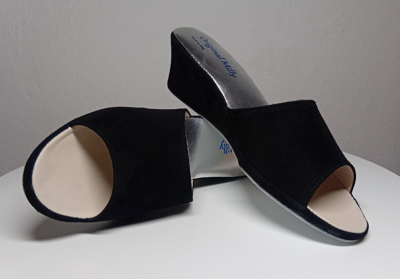 103 Camoscio Nero Suola Bufalo Ciabatte da camera Donna Original Milly Made in Italy - Foto N 7