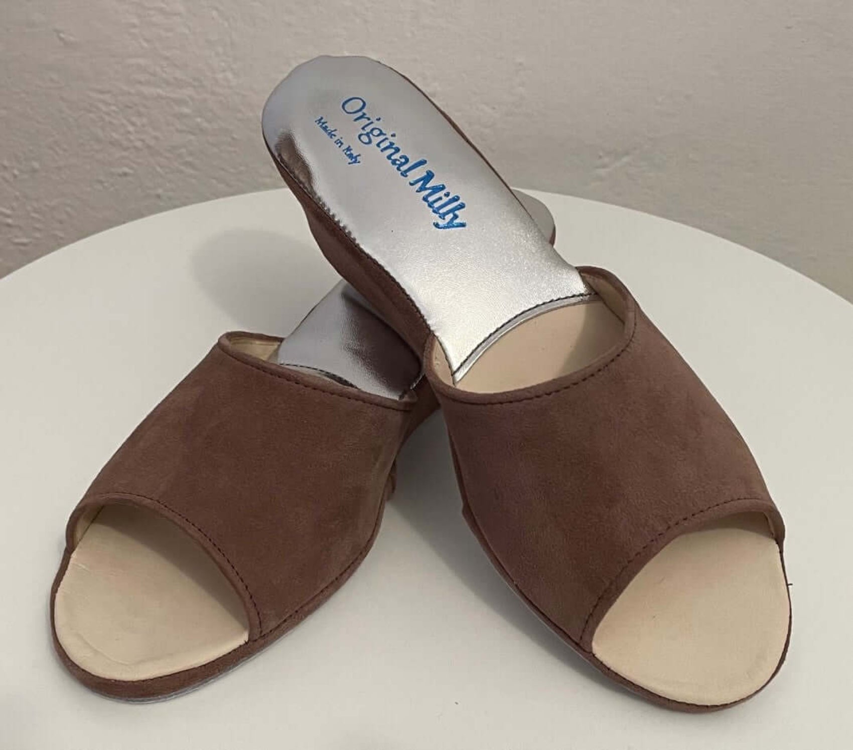 103 Camoscio Taupe Suola Bufalo Ciabatte da camera Donna Original Milly Made in Italy