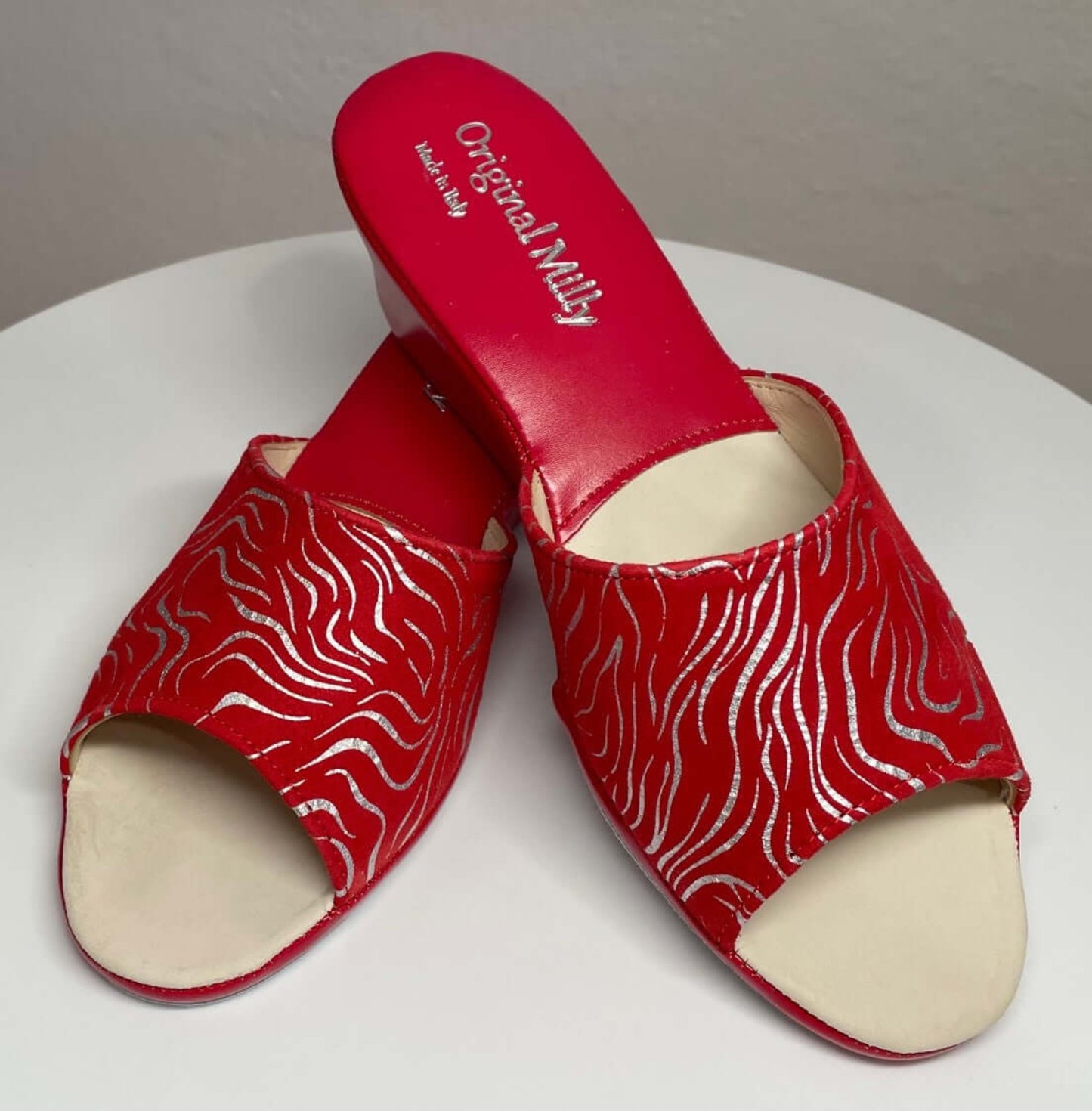 103 Camoscio Zebrato Rosso suola Bufalo Ciabatte da camera Donna Original Milly Made in Italy