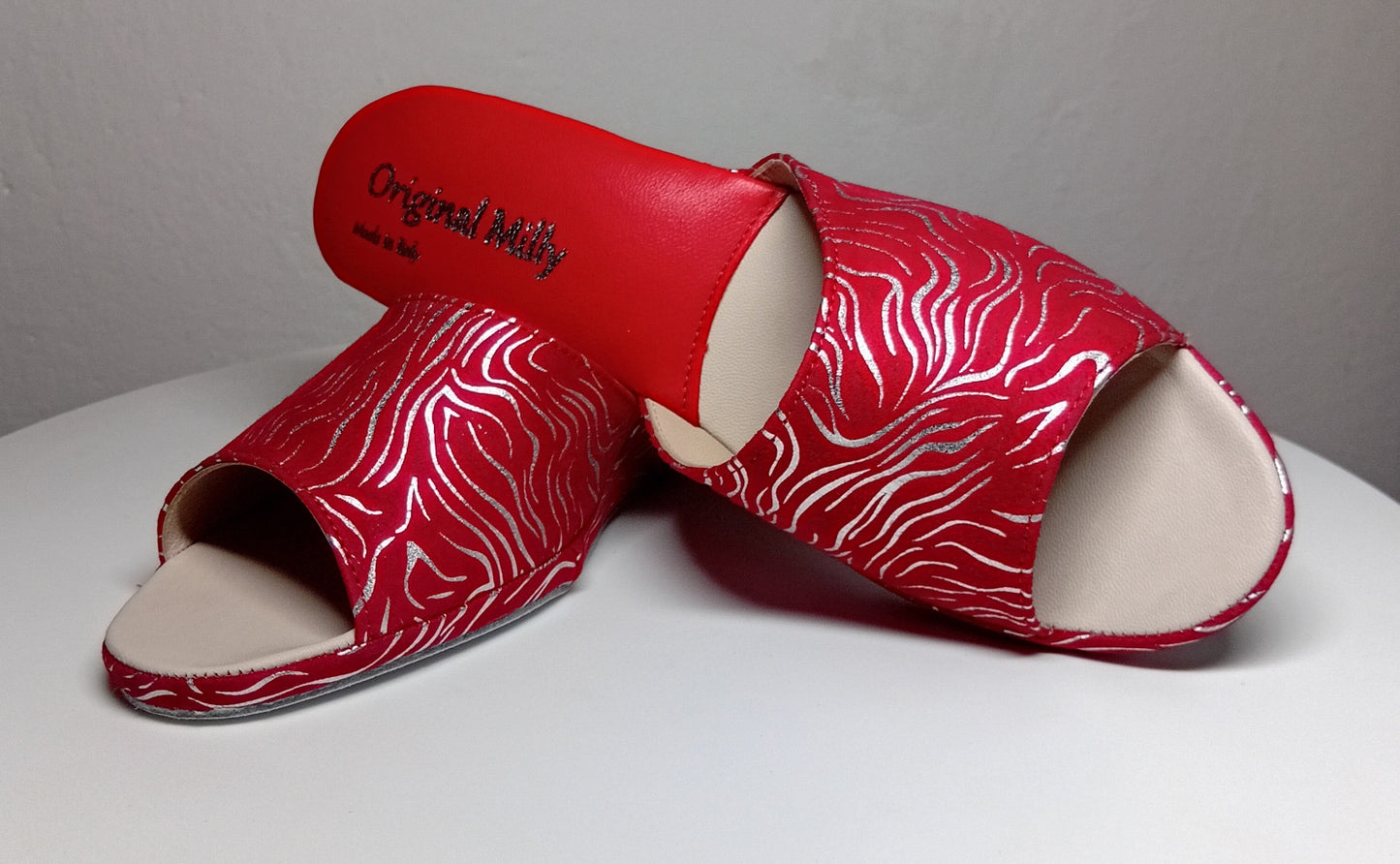 103 Camoscio Zebrato Rosso suola Bufalo Ciabatte da camera Donna Original Milly Made in Italy - Foto N 6