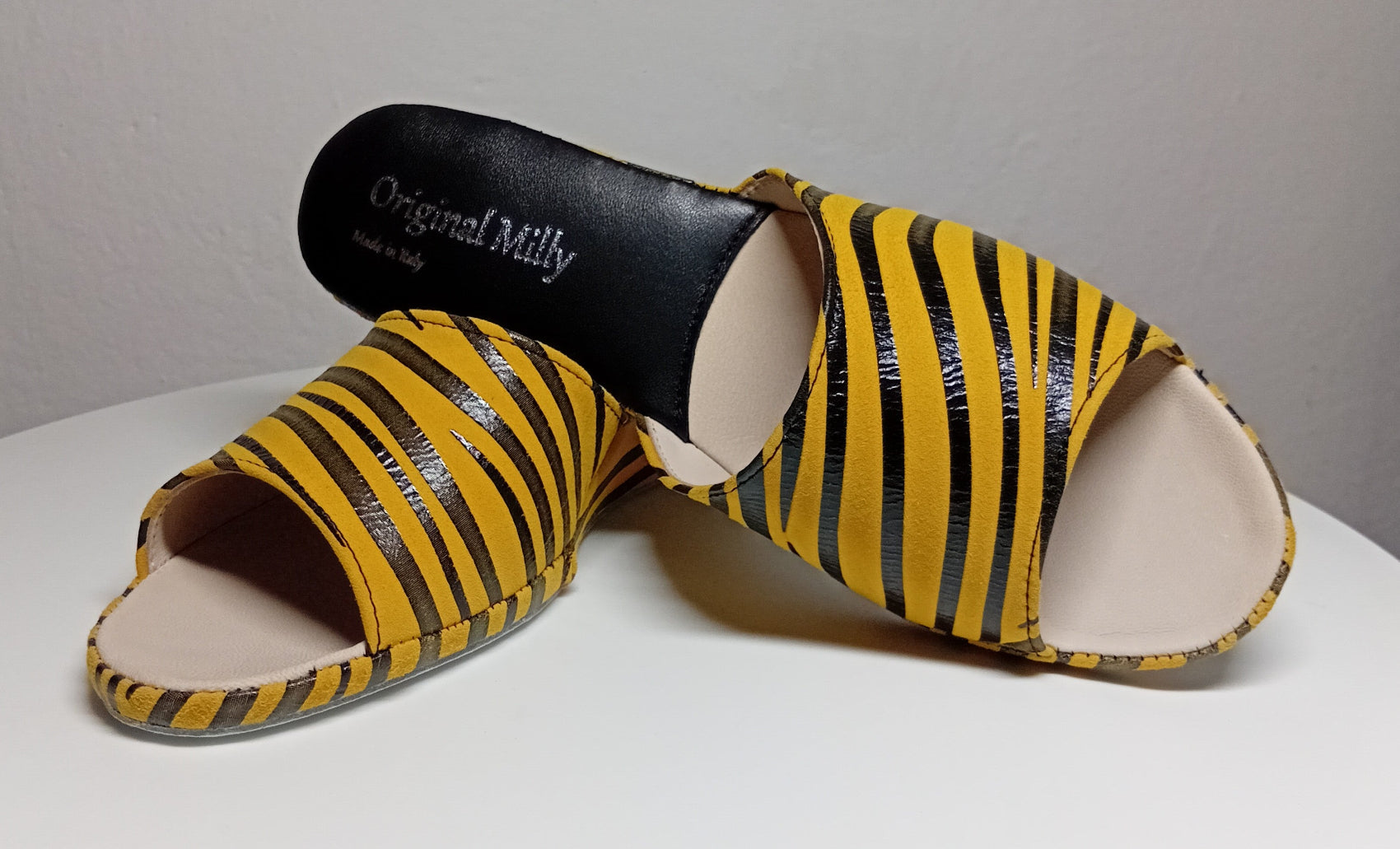 103 Camoscio Zebrato Senape suola Bufalo Ciabatte da camera Donna Original Milly Made in Italy - Foto N 6