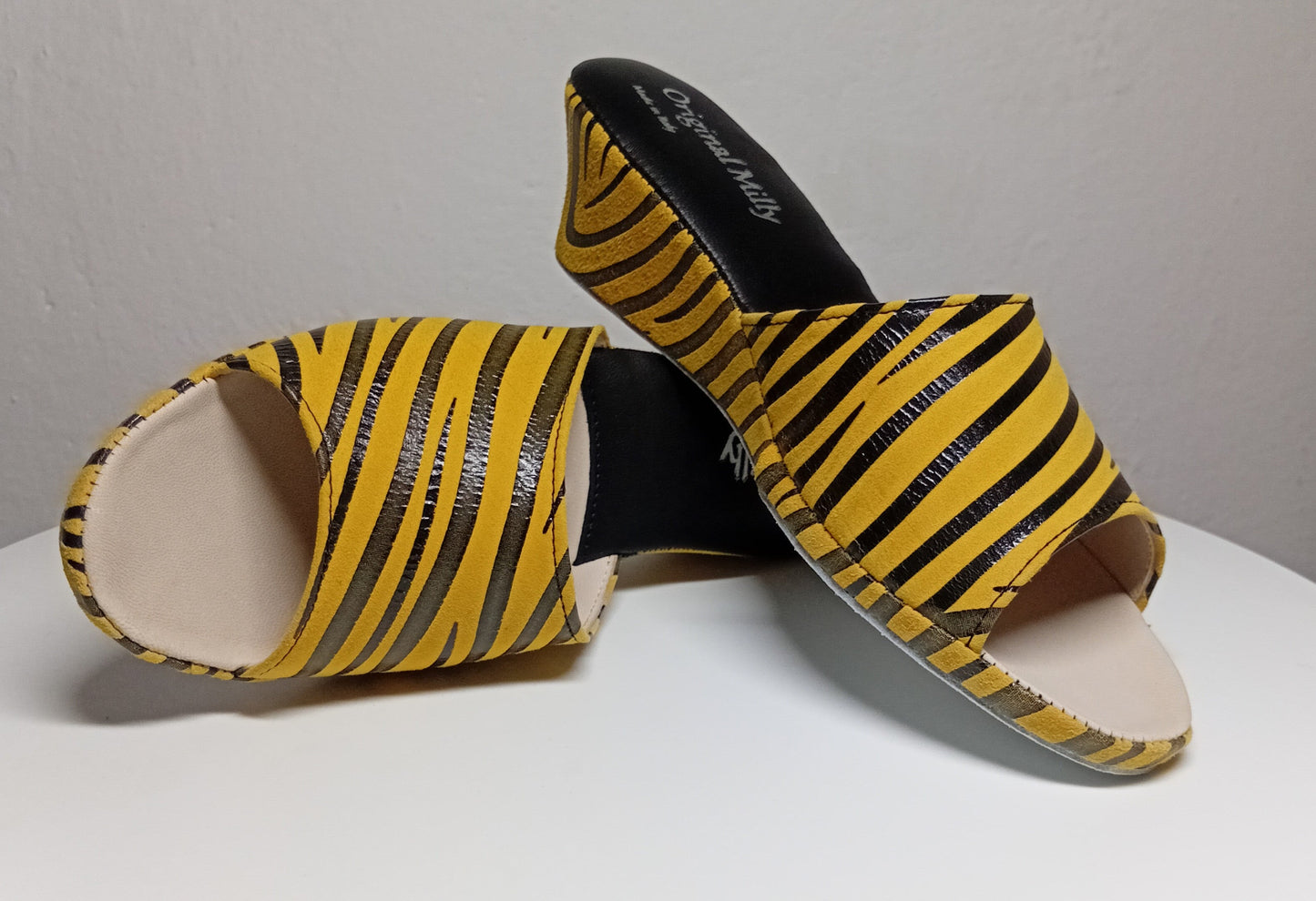 103 Camoscio Zebrato Senape suola Bufalo Ciabatte da camera Donna Original Milly Made in Italy - Foto N 7