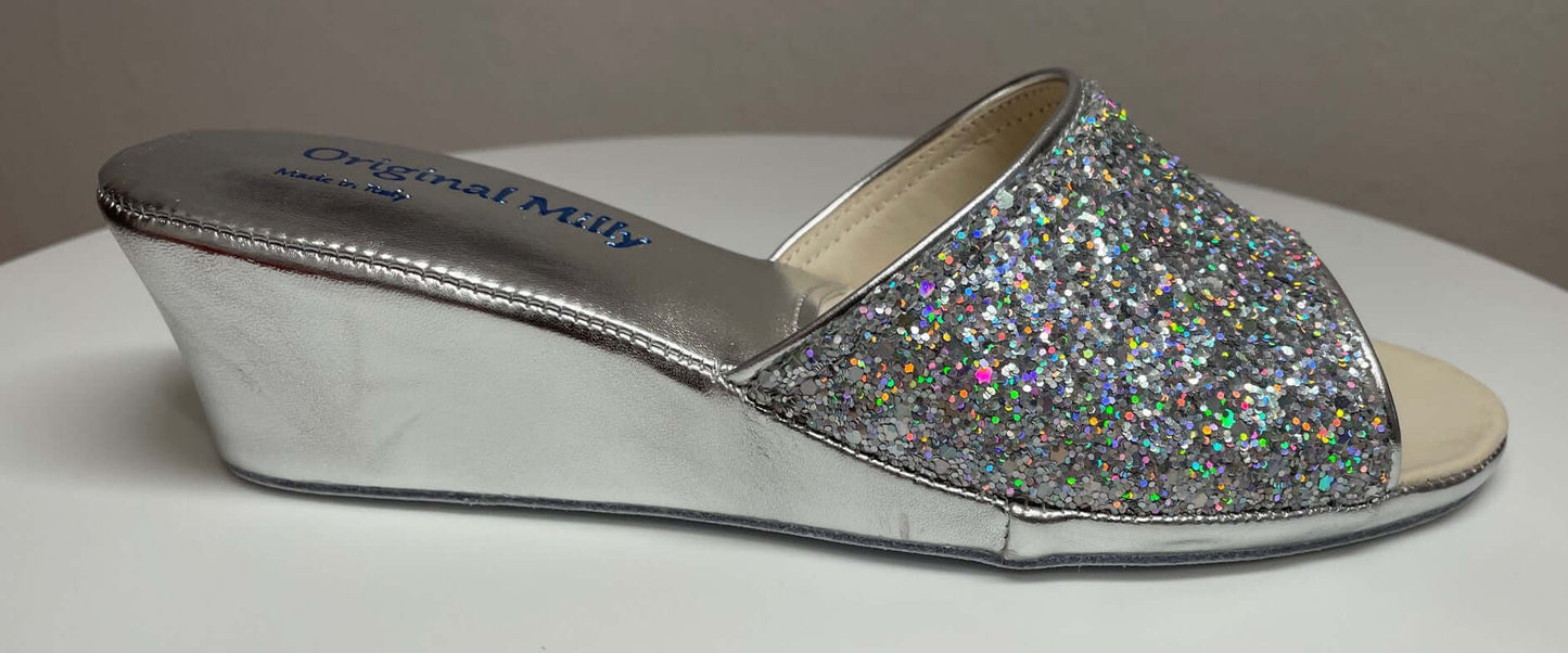 104 Ecopelle Glitter Argento Suola Bufalo Ciabatte da camera Donna Original Milly Made in Italy