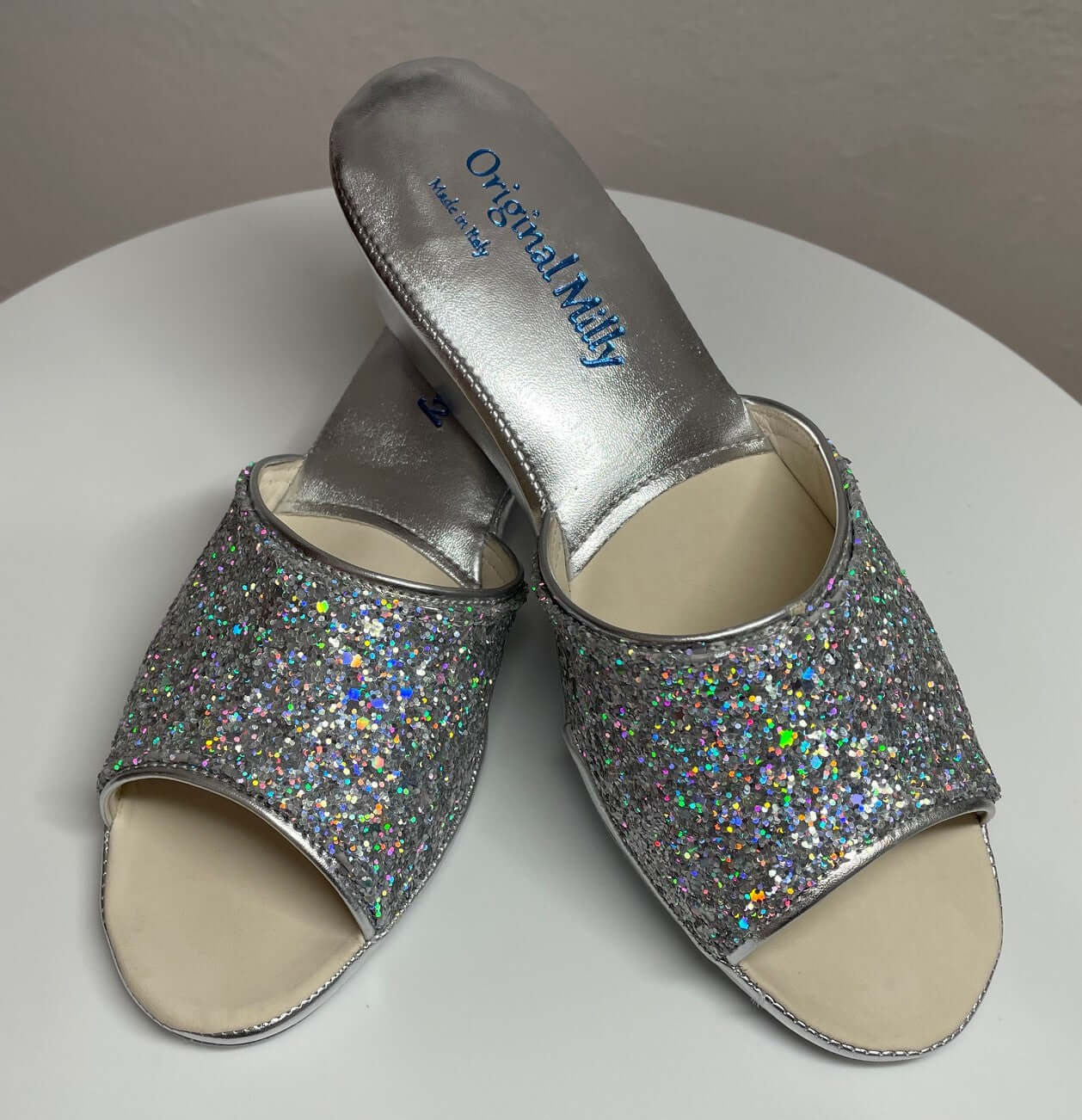 104 Ecopelle Glitter Argento Suola Bufalo Ciabatte da camera Donna Original Milly Made in Italy