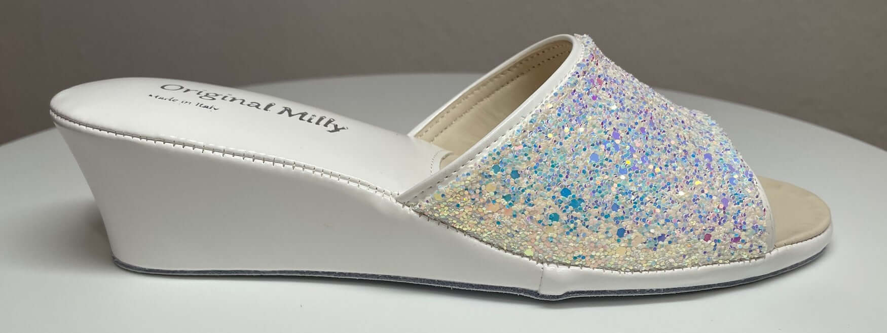 104 Ecopelle Glitter Bianco Suola Bufalo Ciabatte da camera Donna Original Milly Made in Italy