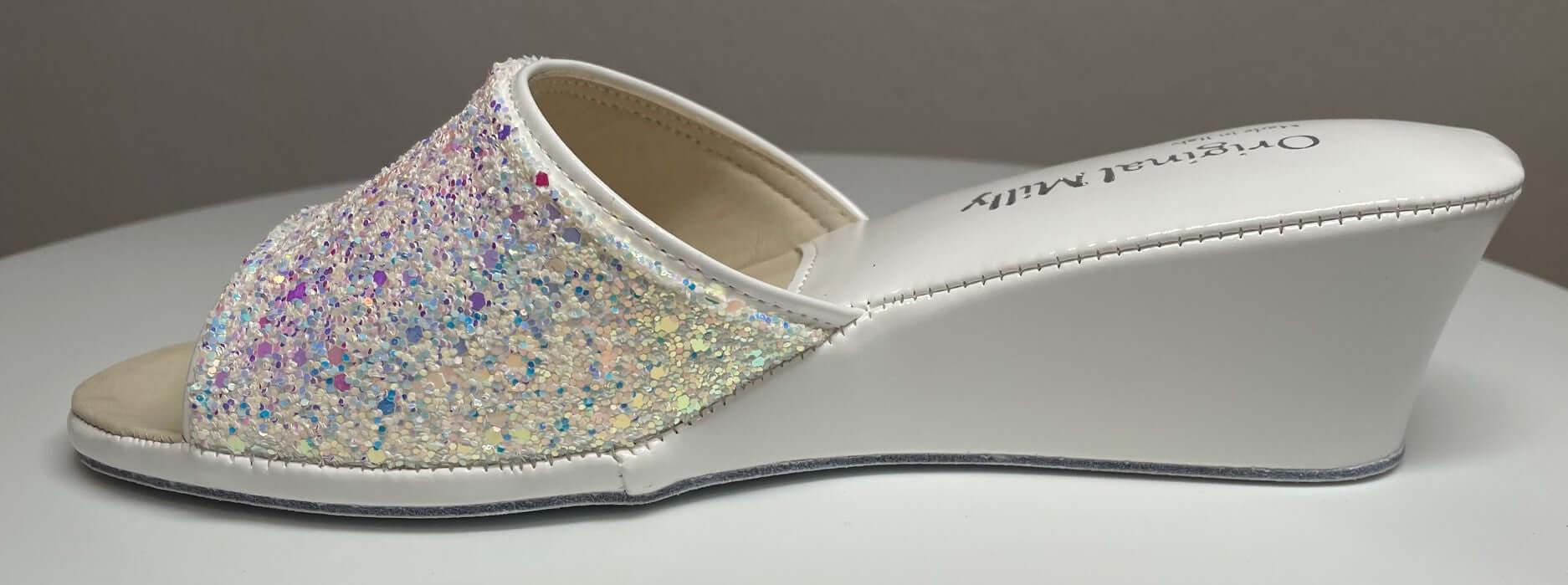 104 Ecopelle Glitter Bianco Suola Bufalo Ciabatte da camera Donna Original Milly Made in Italy