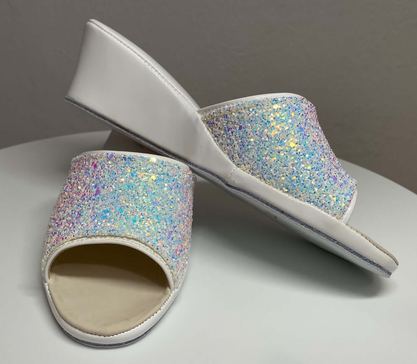 104 Ecopelle Glitter Bianco Suola Bufalo Ciabatte da camera Donna Original Milly Made in Italy