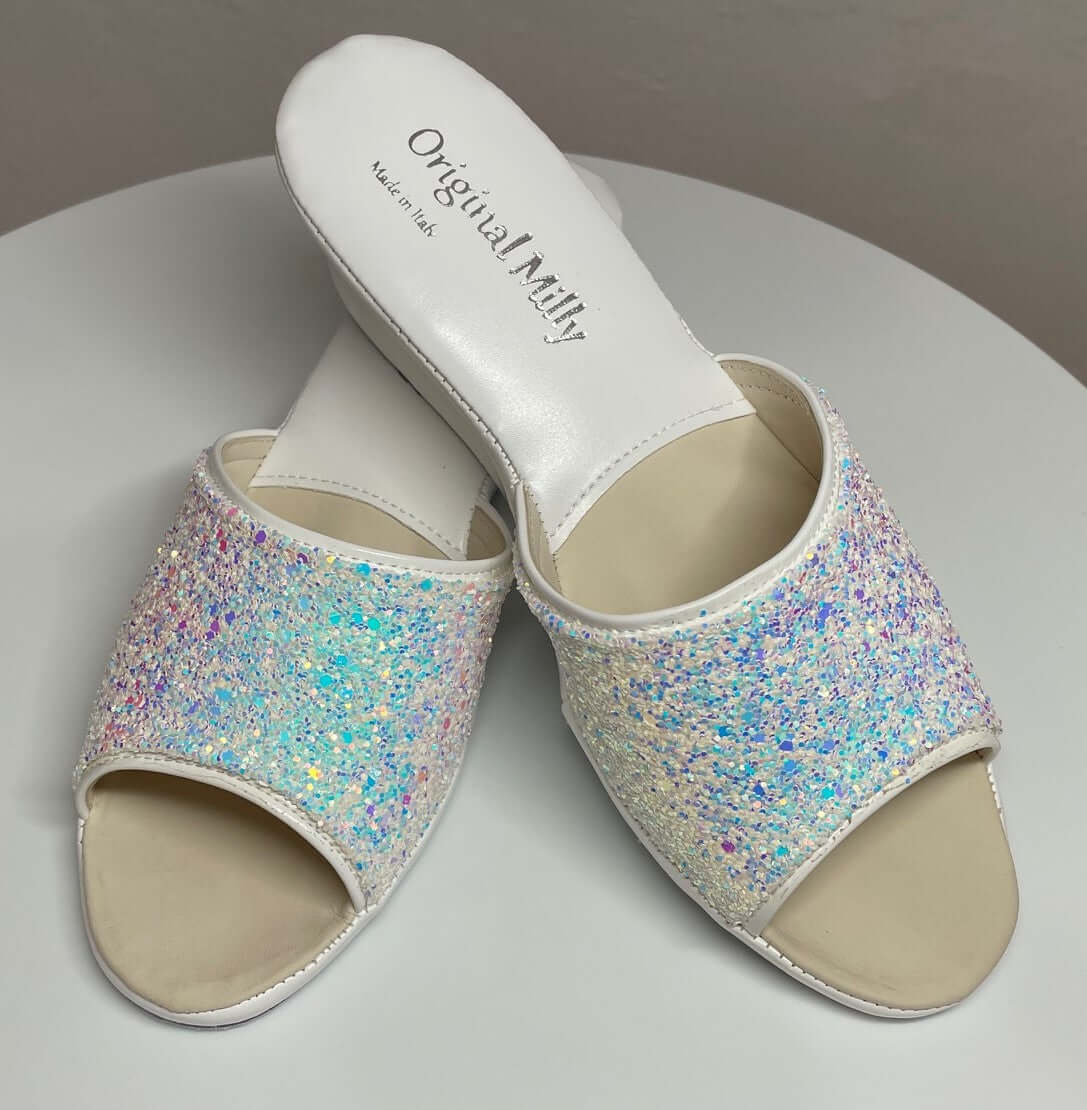 104 Ecopelle Glitter Bianco Suola Bufalo Ciabatte da camera Donna Original Milly Made in Italy