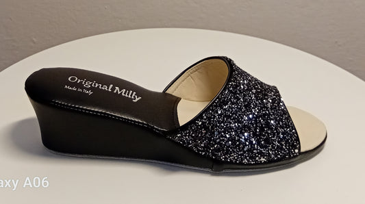 104 Ecopelle Glitter Nero Suola Bufalo Ciabatte da camera Donna Original Milly Made in Italy
