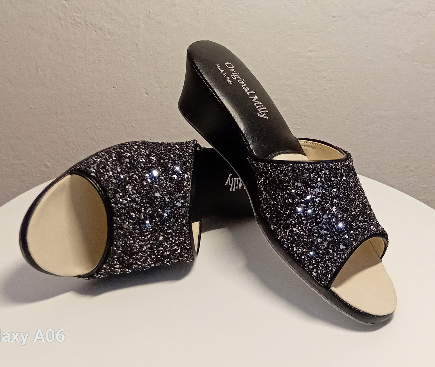 104 Ecopelle Glitter Nero Suola Bufalo Ciabatte da camera Donna Original Milly Made in Italy