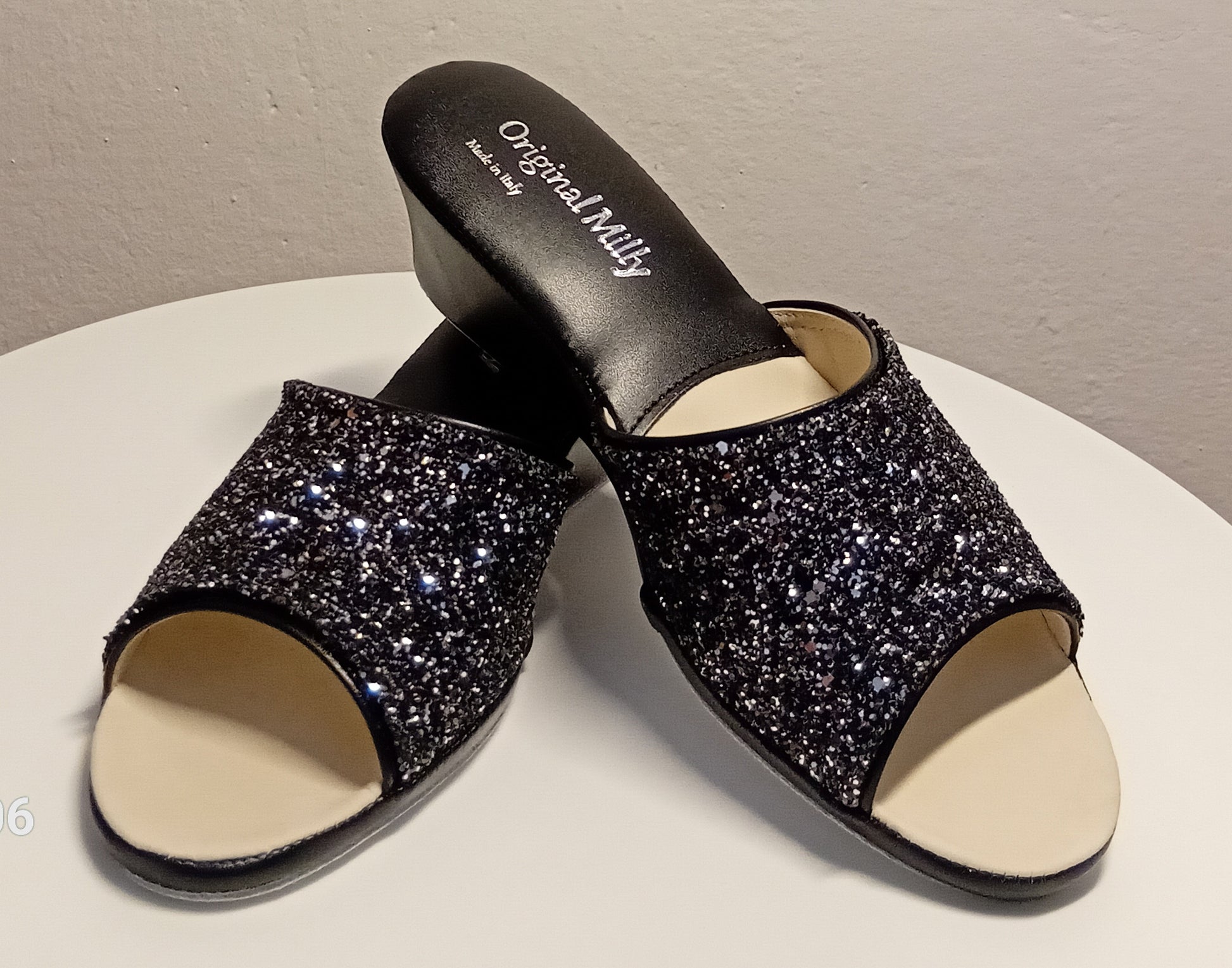 104 Ecopelle Glitter Nero Suola Bufalo Ciabatte da camera Donna Original Milly Made in Italy