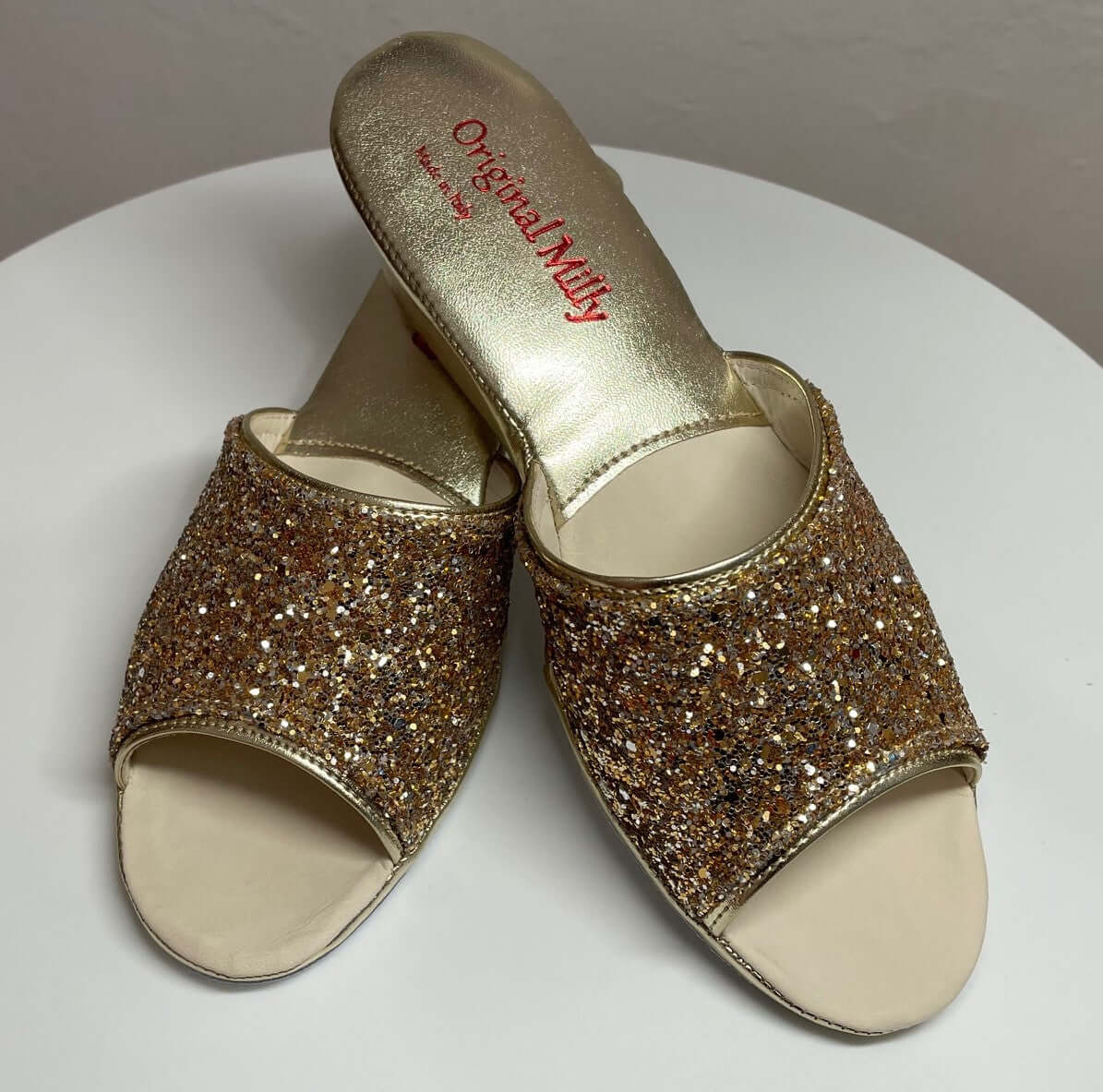 104 Ecopelle Glitter Oro Suola Bufalo Ciabatte da camera Donna Original Milly Made in Italy