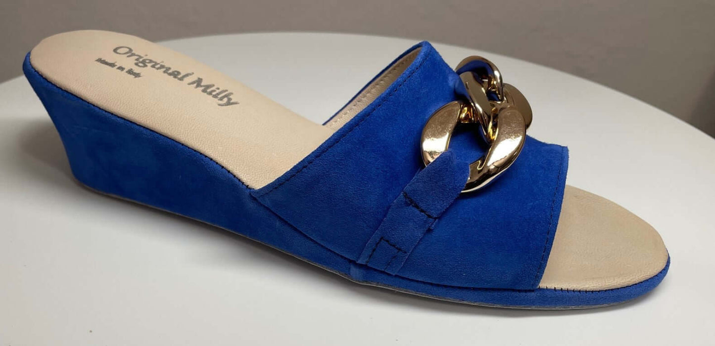 105 Camoscio Blu con catena in Oro suola Bufalo Ciabatte da camera Donna Original Milly Made in Italy