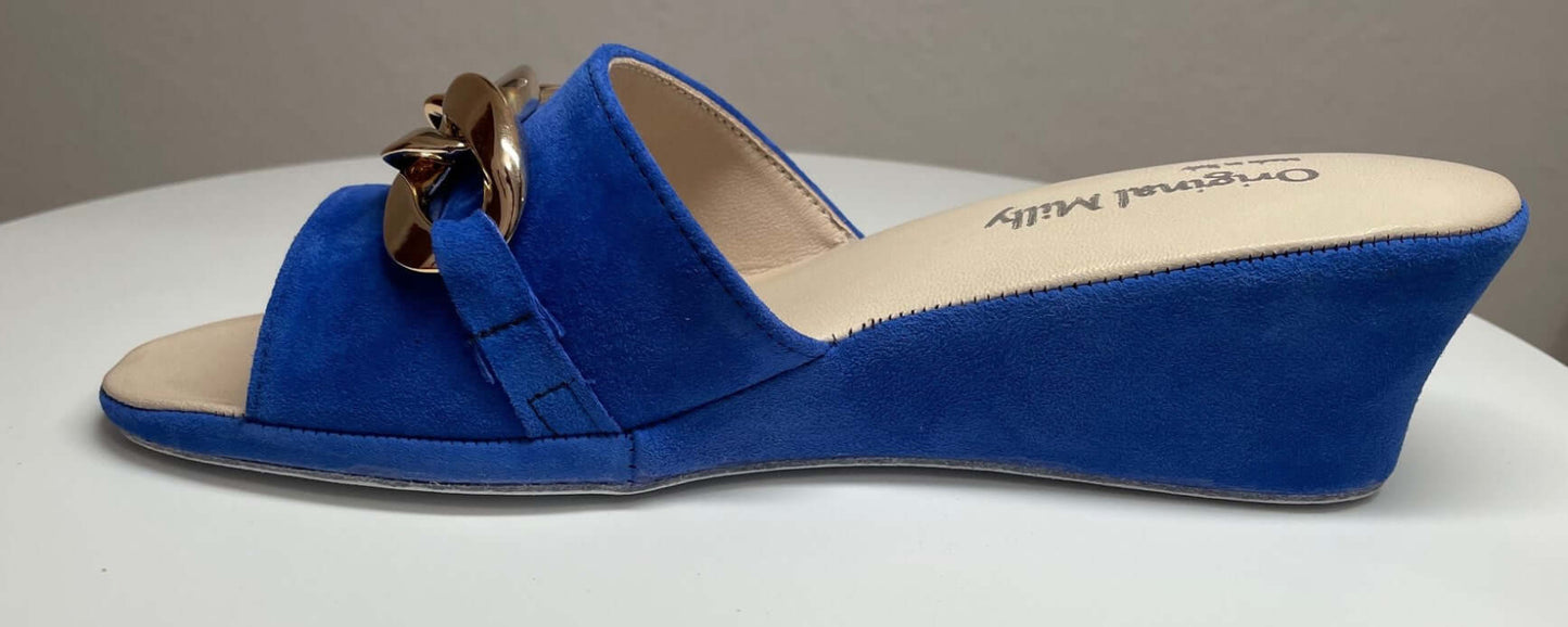 105 Camoscio Blu con catena in Oro suola Bufalo Ciabatte da camera Donna Original Milly Made in Italy