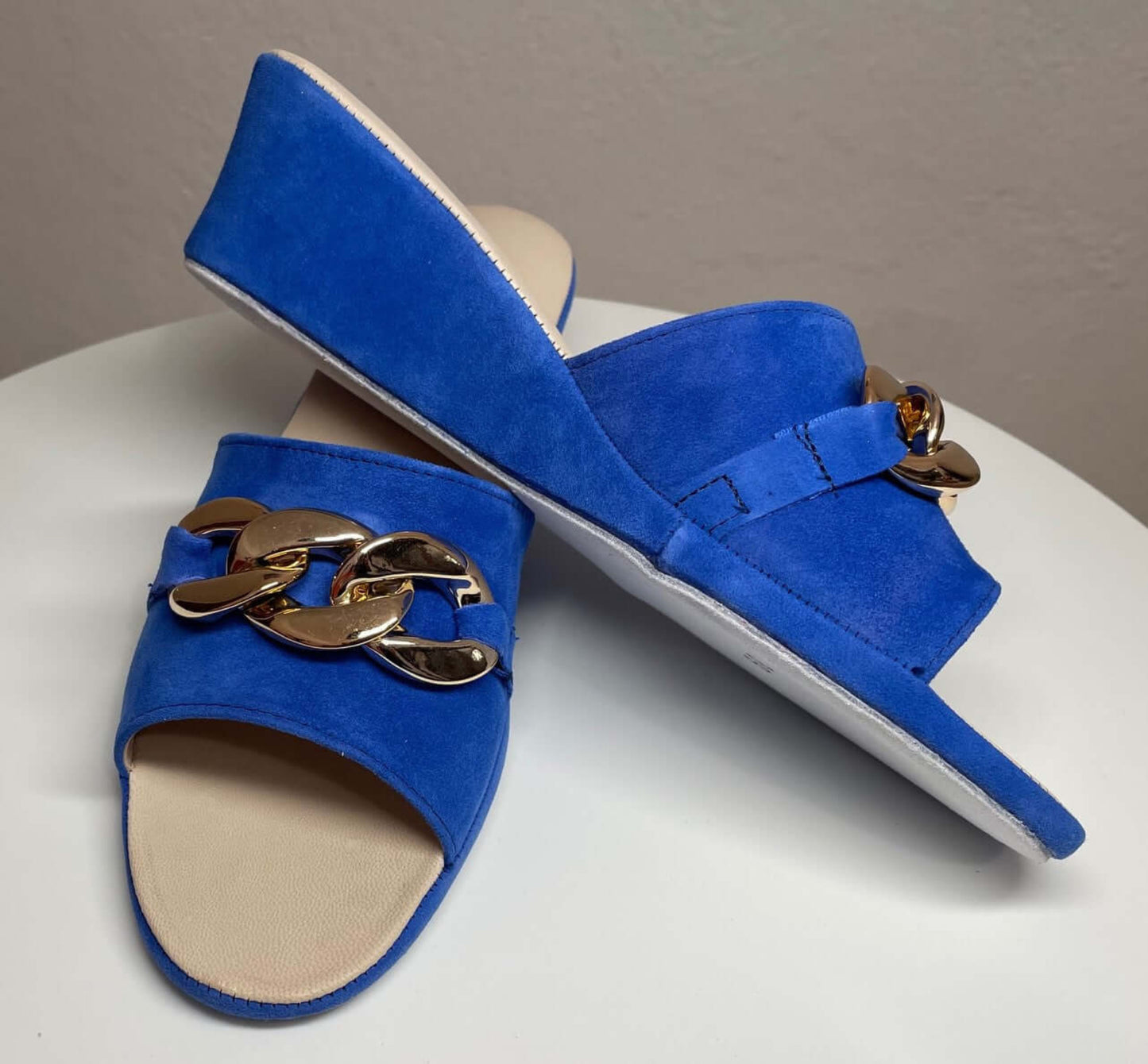 105 Camoscio Blu con catena in Oro suola Bufalo Ciabatte da camera Donna Original Milly Made in Italy