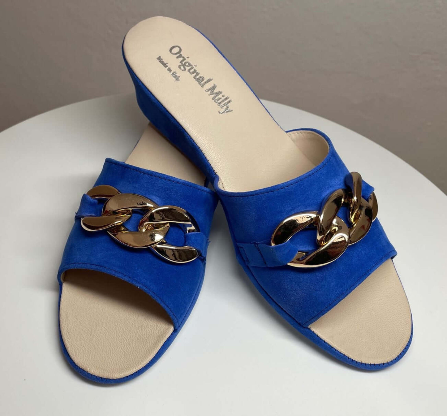 105 Camoscio Blu con catena in Oro suola Bufalo Ciabatte da camera Donna Original Milly Made in Italy