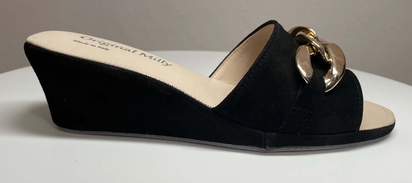 105 Camoscio Nero con catena in Oro suola Bufalo Ciabatte da camera Donna Original Milly Made in Italy