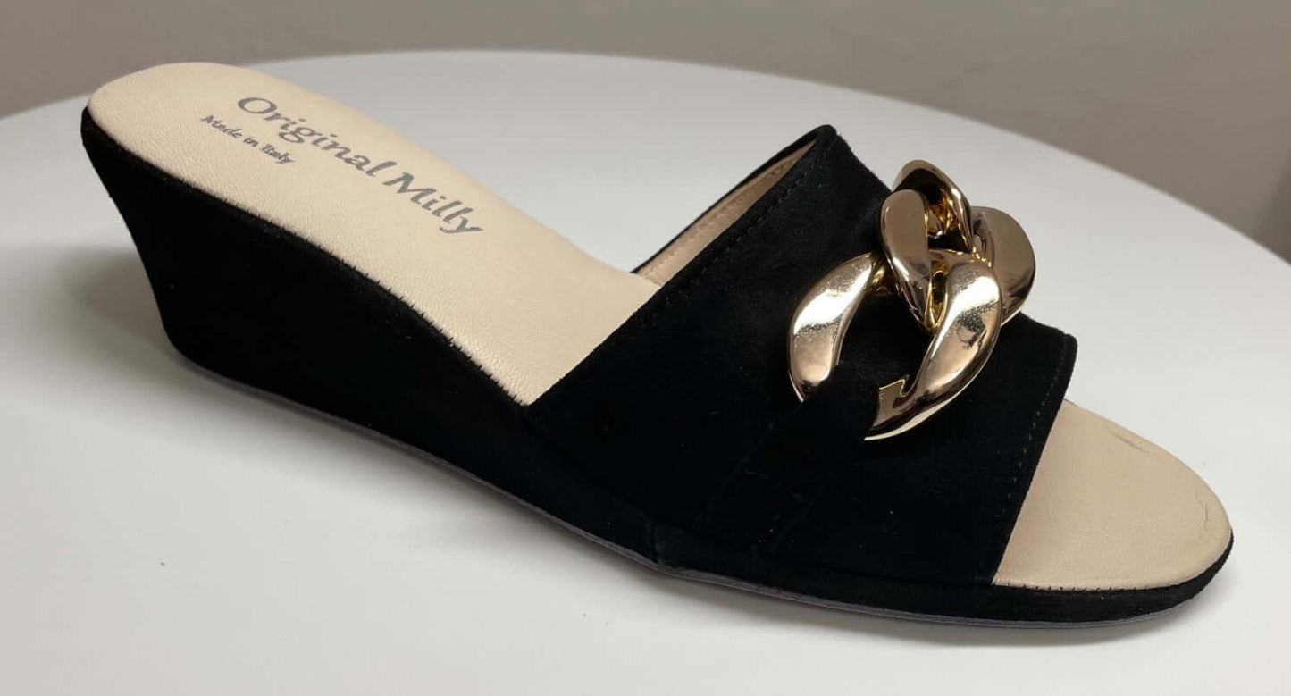 105 Camoscio Nero con catena in Oro suola Bufalo Ciabatte da camera Donna Original Milly Made in Italy