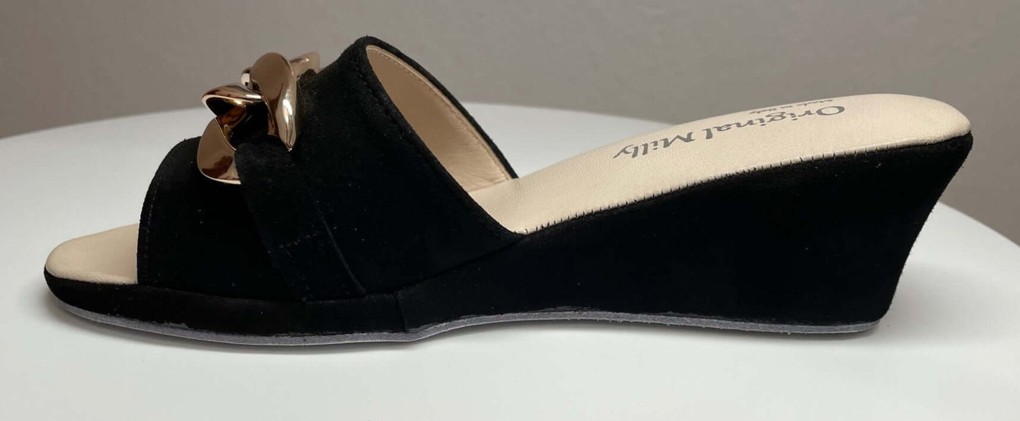 105 Camoscio Nero con catena in Oro suola Bufalo Ciabatte da camera Donna Original Milly Made in Italy