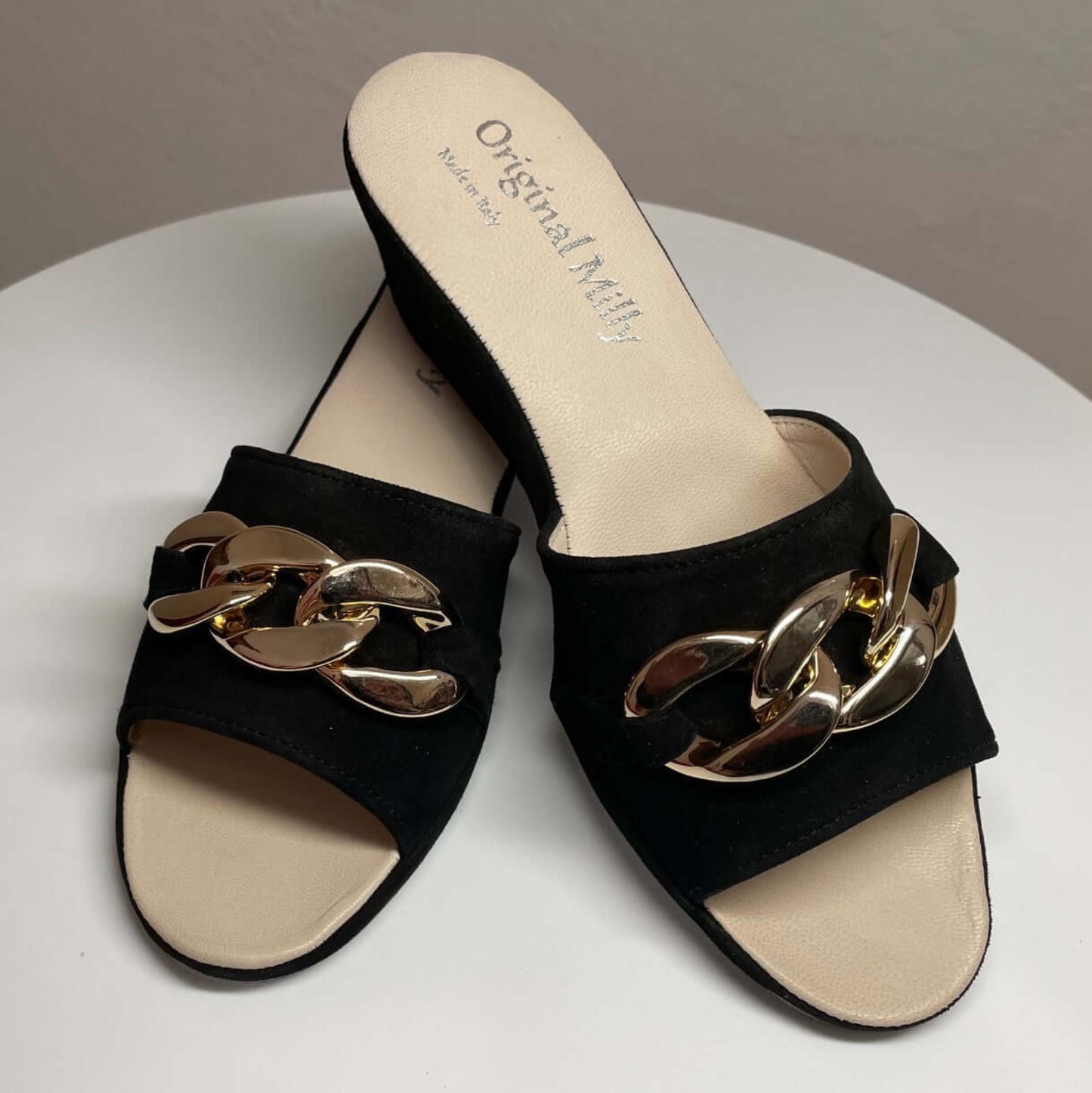 105 Camoscio Nero con catena in Oro suola Bufalo Ciabatte da camera Donna Original Milly Made in Italy