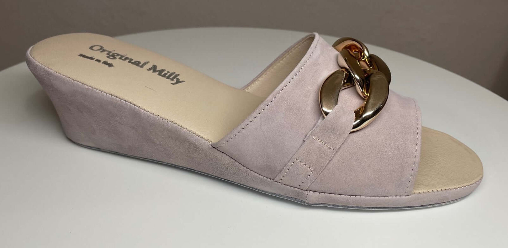 105 Camoscio Peonia con catena in Oro suola Bufalo Ciabatte da camera Donna Original Milly Made in Italy