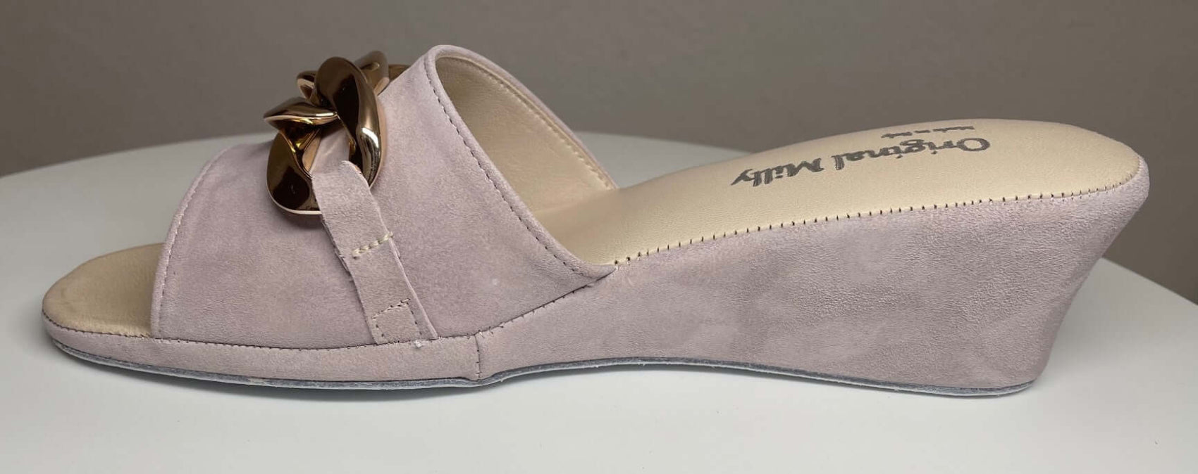 105 Camoscio Peonia con catena in Oro suola Bufalo Ciabatte da camera Donna Original Milly Made in Italy