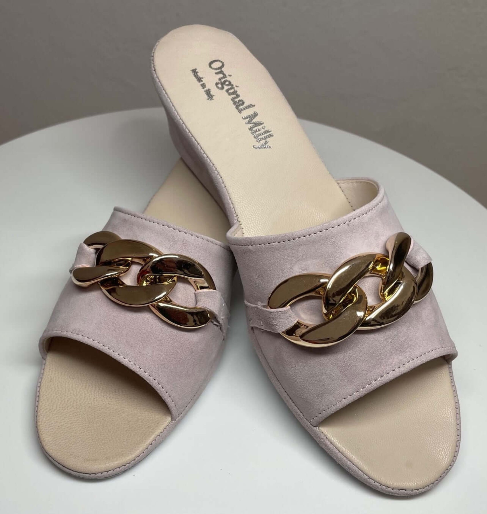 105 Camoscio Peonia con catena in Oro suola Bufalo Ciabatte da camera Donna Original Milly Made in Italy