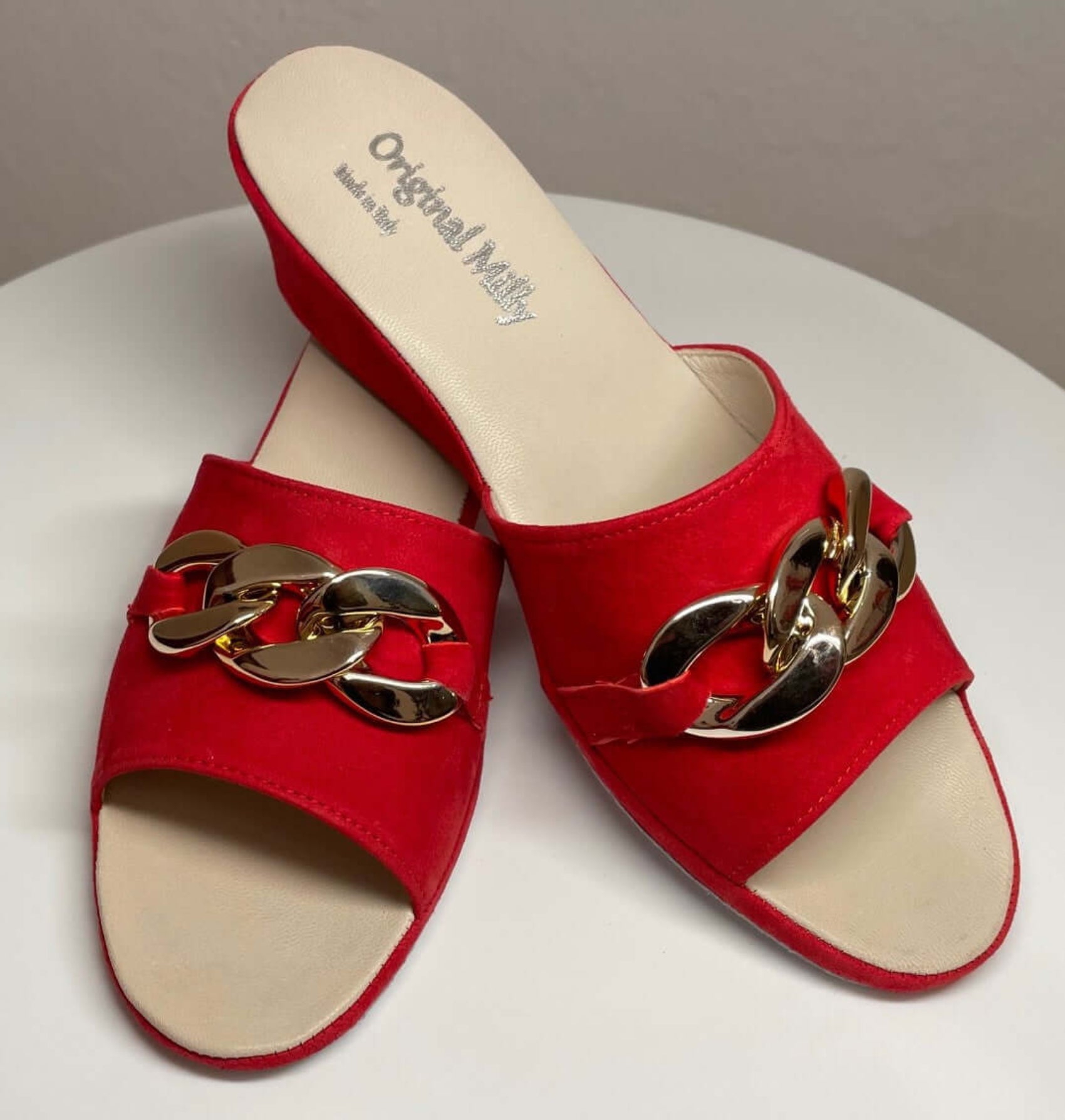 105 Camoscio Rosso con catena in Oro suola Bufalo Ciabatte da camera Donna Original Milly Made in Italy