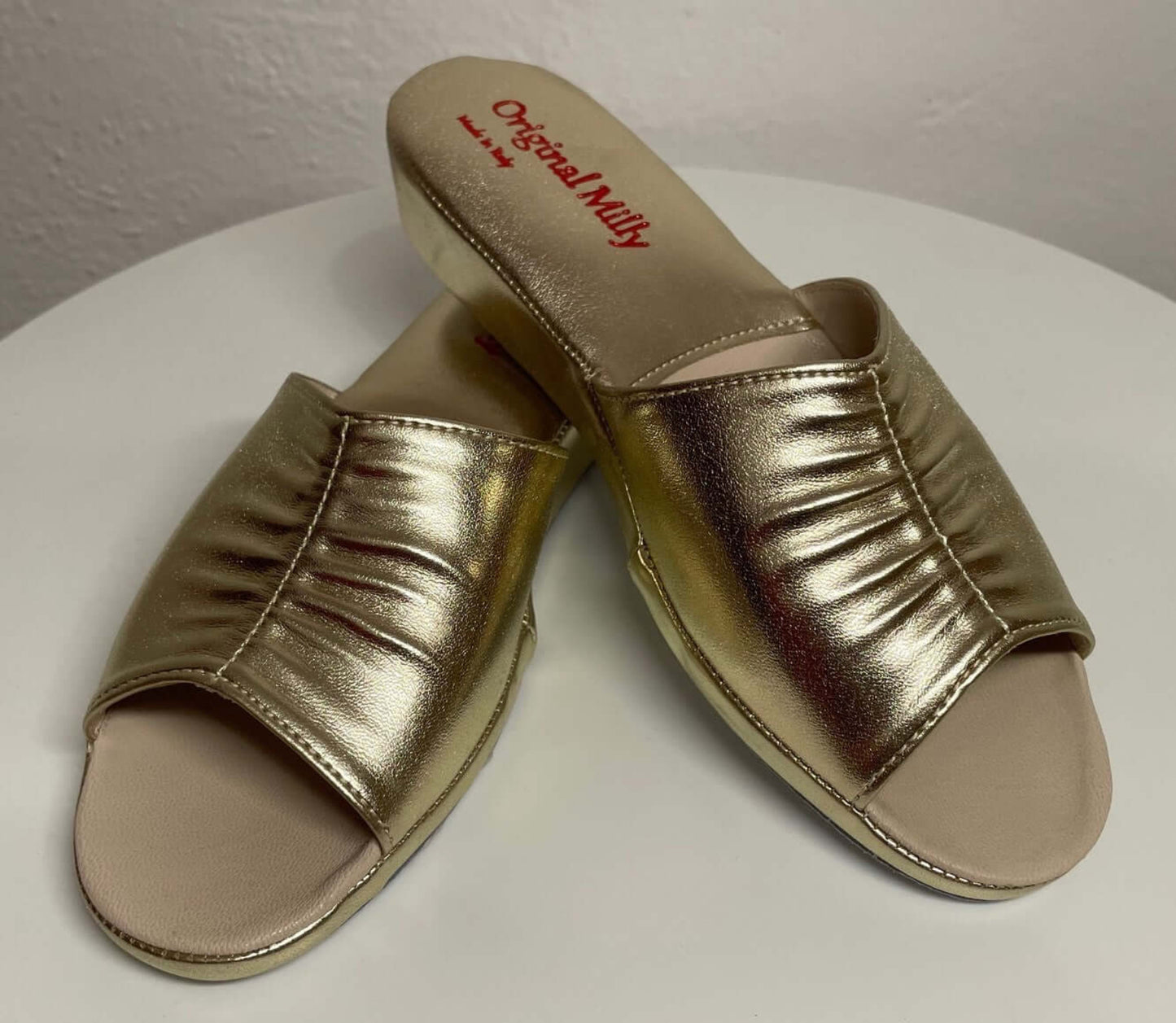 1075 Ecopelle Oro Suola Bufalo Ciabatte da camera Donna Original Milly Made in Italy