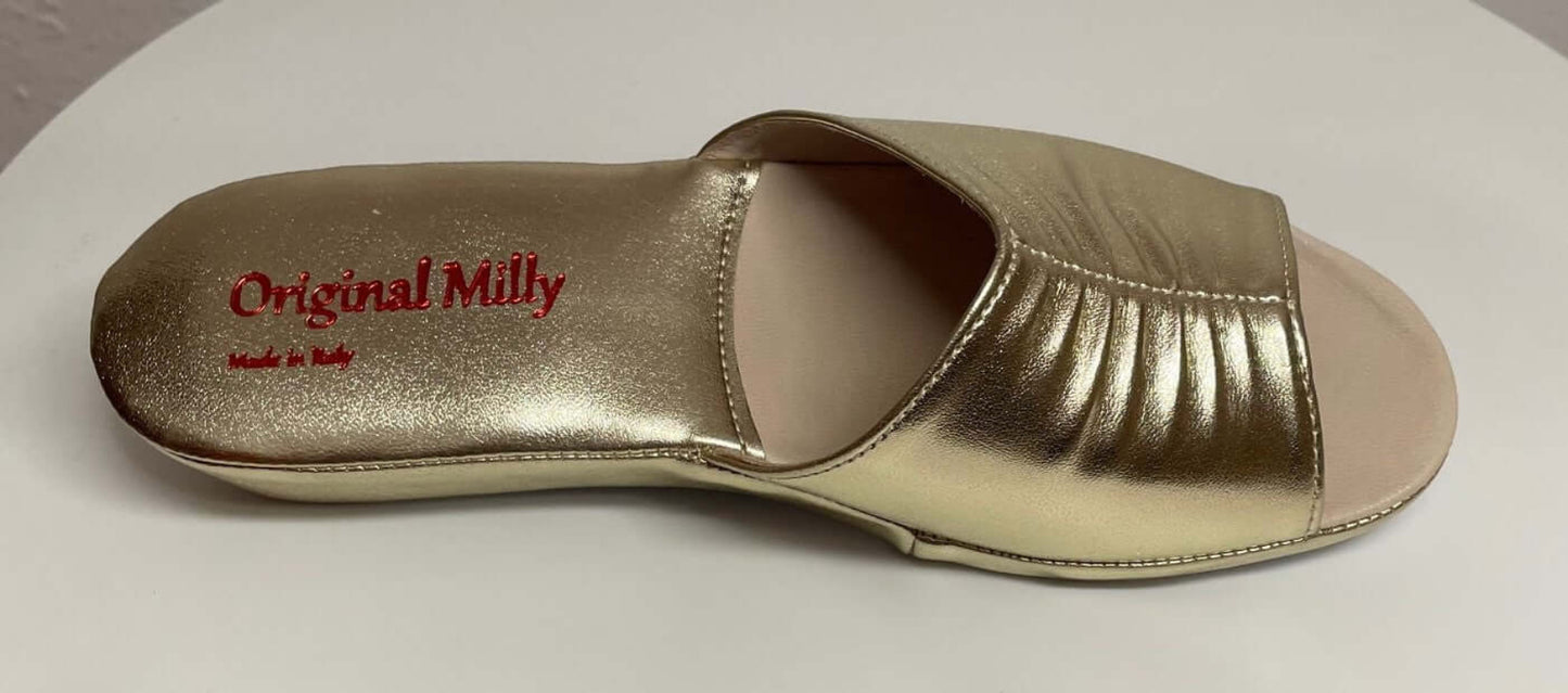 1075 Ecopelle Oro Suola Bufalo Ciabatte da camera Donna Original Milly Made in Italy